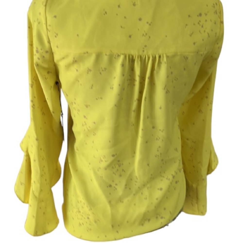 Vince Camuto size XXS yellow print v-neck silky blouse 3/4 bell sleeve - Picture 2 of 15